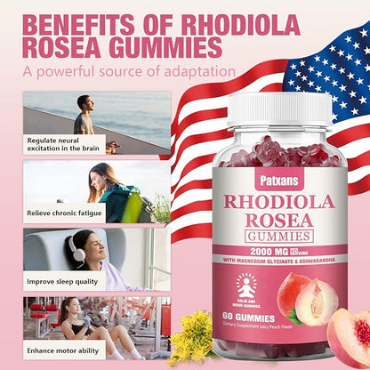 1 Pack 2000MG Sugar Free Rhodiola Rosea Gummies-Rhodiola Supplement ＆ Cortisol Reducer for Endurance, Mood ＆ Stress, Sleep ＆ Fatigue Relief Support, Non-GMO, 60 Tablets Vegetarian Chews