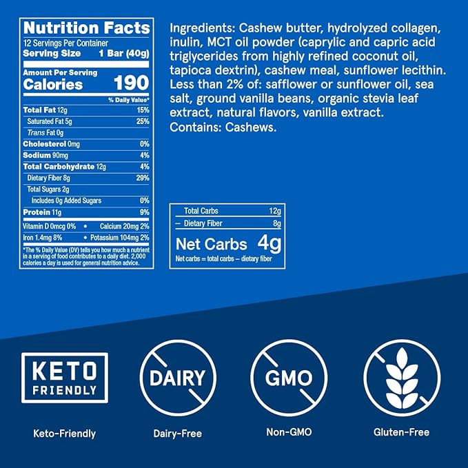 Collagen Protein Bars, Vanilla Shortbread, 11g Protein, 12 Pack, Bulletproof Grass Fed Healthy Snacks, Made with MCT Oil, 2g Sugar, No Added Sugar