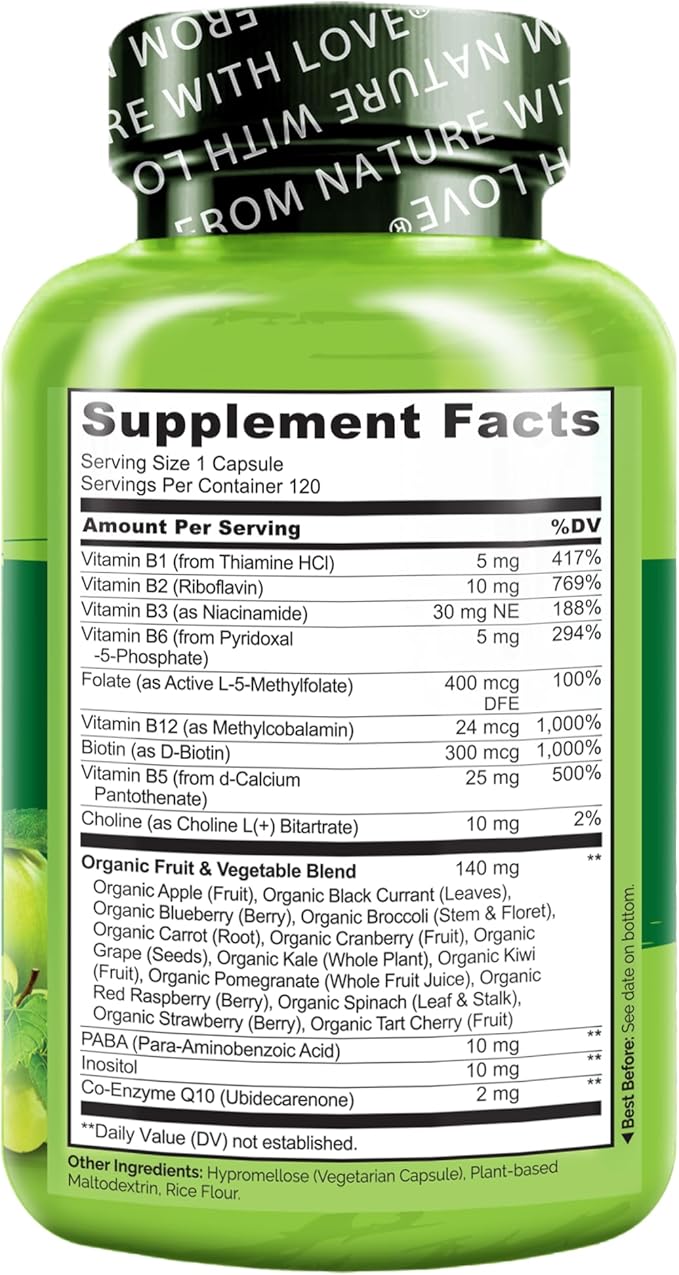 NATURELO Vitamin B Complex with Methyl B12, Methyl B6, Biotin CoQ10, and 120 Capsules
