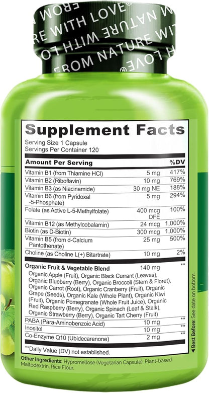 NATURELO Vitamin B Complex with Methyl B12, Methyl B6, Biotin CoQ10, and 120 Capsules
