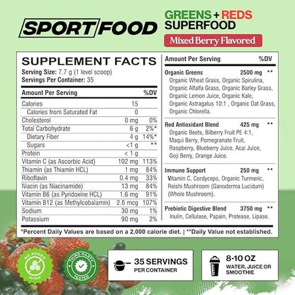 SPORTFOOD Organic Greens & Reds Superfood Powder | Mixed Berry Flavor | 25+ Super Fruits & Veggies, Beets, Prebiotics | Energizing, Antioxidant-Rich, Keto-Friendly Smoothie Mix | 35 Servings