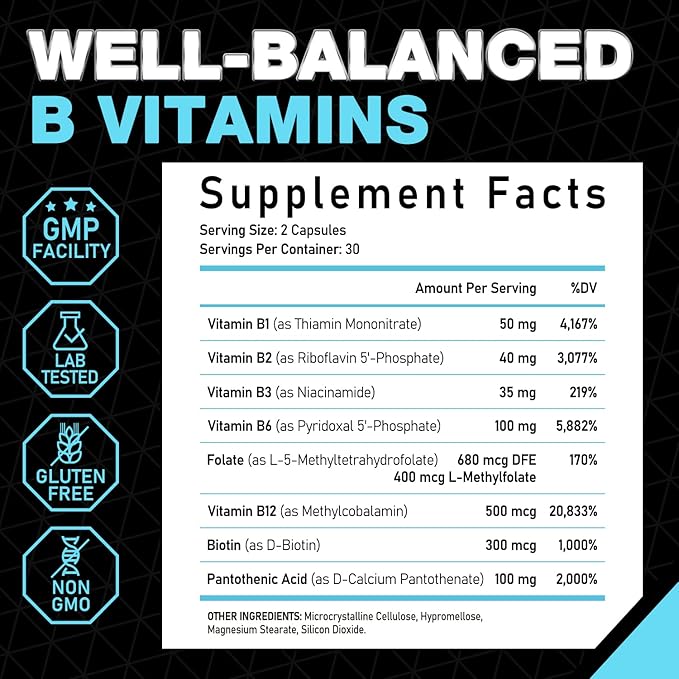 Super B Complex, 8 Bioactive B B12, P-5-P P-5-P (Vitamin B6), D-Biotin, 60 Vegan