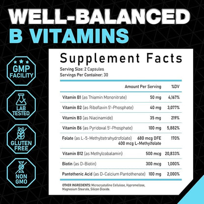 Super B Complex, 8 Bioactive B B12, P-5-P P-5-P (Vitamin B6), D-Biotin, 60 Vegan