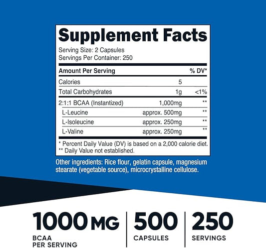 Nutricost BCAA Capsules 2:1:1 500mg, 500 Caps (3 Bottles)