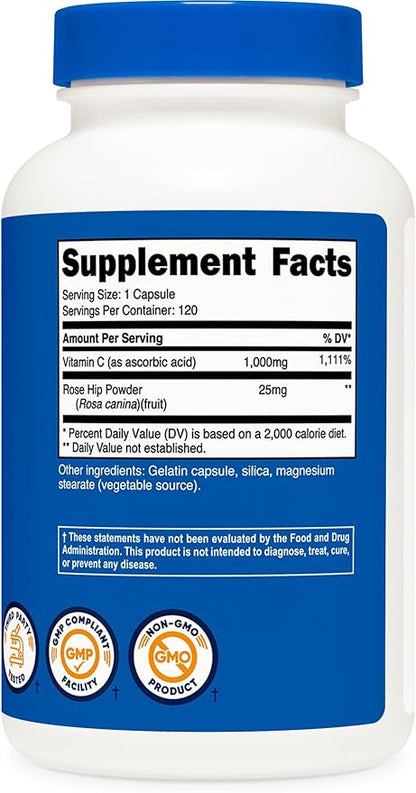 Nutricost Vitamin C with Rose Hips 1025mg, 120 120 Capsules 1000mg, Rose 25mg, Premium,