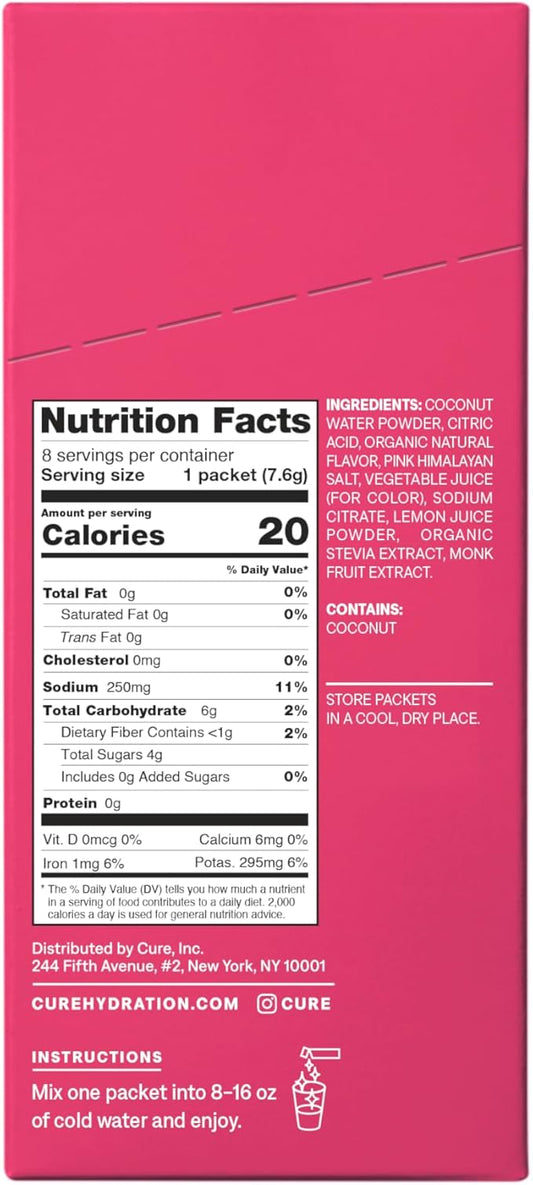 Cure Hydration | Plant-Based Electrolyte Drink Mix | No Added Sugar | FSA & HSA | Dehydration Relief Powder Made with Coconut Water | Non-GMO | Vegan | Box of 8 Packets - Tropical Punch