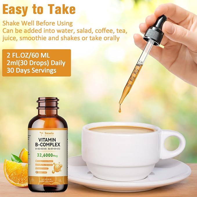 Totatria Vitamin B Complex Liquid Drops 32,6000mcg per B1, B2, B2, B3(Niacin), B3(Niacin), B5, B5, B6, B6, B7(Botin), B7(Botin), B9, B9, B12 B12 for 2 FL.OZ