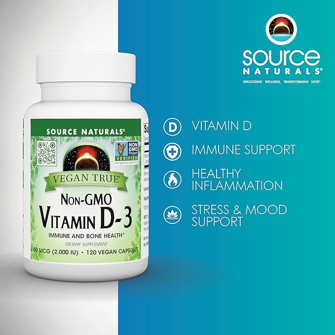 Source Naturals Vegan True, Non-GMO Vitamin D-3, Dietary Supplement for Immune and Bone Health*, 2,000 IU - 90 Capsules