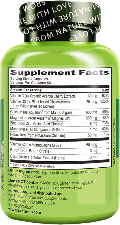 NATURELO Calcium Supplement 600mg, Vitamin D3, K2, K2, C, 240 Vegetarian