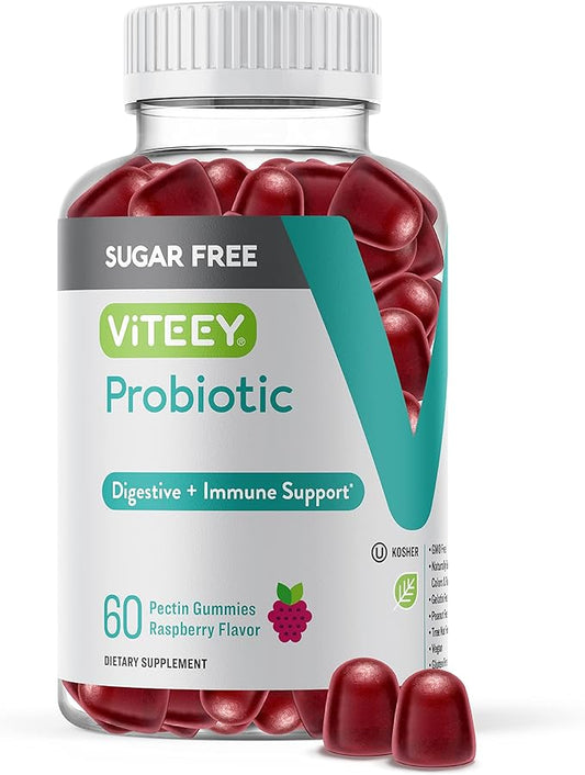 Probiotic Gummies for Women, Men & Teens, 2 Billion CFUs - Sugar Free - Immune Booster, Digestive Support, Gut Health - Vegan, Gelatin Free, GMO Free - Tasty Chewable Raspberry Flavored Gummy