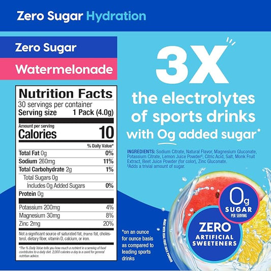 HYDRANT Hydrate No Added Sugar, Individual Hydration Electrolye Powder Stick Packets with Zero Sugar and FSA & HSA Eligibility (Watermelonade, 30 Count)