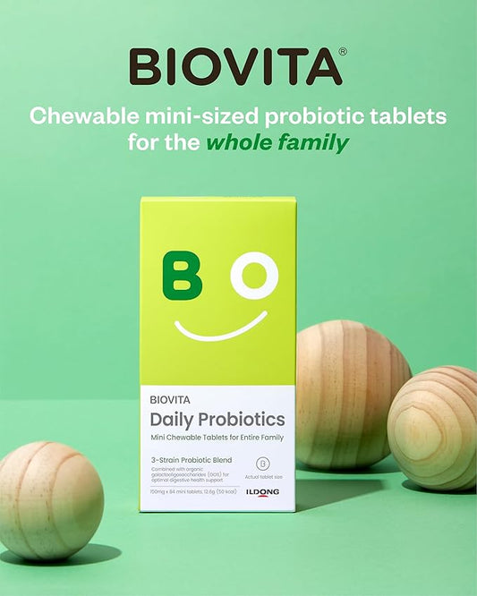 Family Probiotics Mini Tablets (84 Tablets, 28 Days) - Chewable Synbiotic Supplement for Smooth Bowel Movement. Improve Gut/Digestive Health. Organic Prebiotics.