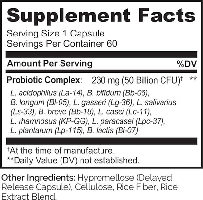 NATURELO Probiotics for Digestive Health - 50 Billion CFU, 11 Strains Daily Supplement - Boosts Immune System, Delayed Release, 60 Vegetarian Capsules