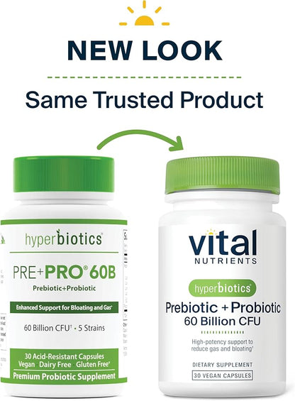 Hyperbiotics Vital Nutrients Prebiotic + Probiotic 60 Billion CFU (Prev. Pre+Pro 60B) | High-Potency Immune & Upper Respiratory Probiotic | Reduce Gas & Bloating | Shelf-Stable | Vegan | 30 Capsules