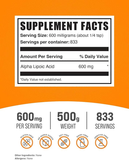 BulkSupplements.com Alpha Lipoic Acid Powder - ALA Supplement, Alpha Lipoic Acid 600mg - ALA Powder, Gluten Free - 600mg of Alpha-Lipoic Acid per Serving, 500g (1.1 lbs) (Pack of 1)