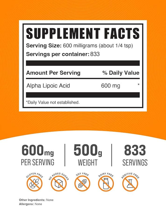 BulkSupplements.com Alpha Lipoic Acid Powder - ALA Supplement, Alpha Lipoic Acid 600mg - ALA Powder, Gluten Free - 600mg of Alpha-Lipoic Acid per Serving, 500g (1.1 lbs) (Pack of 1)