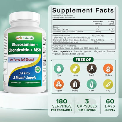 Best Naturals, Glucosamine Chondroitin and MSM Joint Supplements, 2600 mg per Serving, (180 Count (Pack of 3))