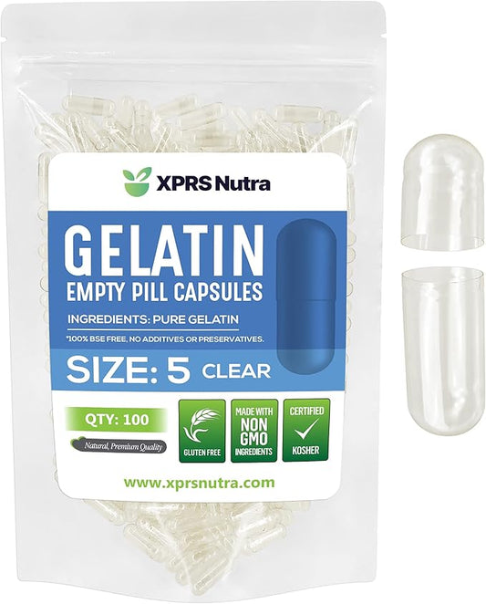 XPRS Nutra Size 5 Empty Capsules - 100 Count Clear Very Small Empty Gelatin Capsules for DIY Capsule Filling - Fillable Pill Gel Caps