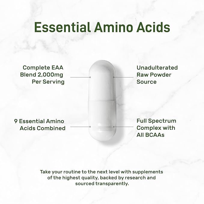 Essential Amino Acids (EAA) 2000mg Per Serving, 300 Capsules – Unflavored - 9 in 1, All BCAAs (Branched-Chain Aminos) – Lean Muscle Support & Natural Pre Workout Supplement