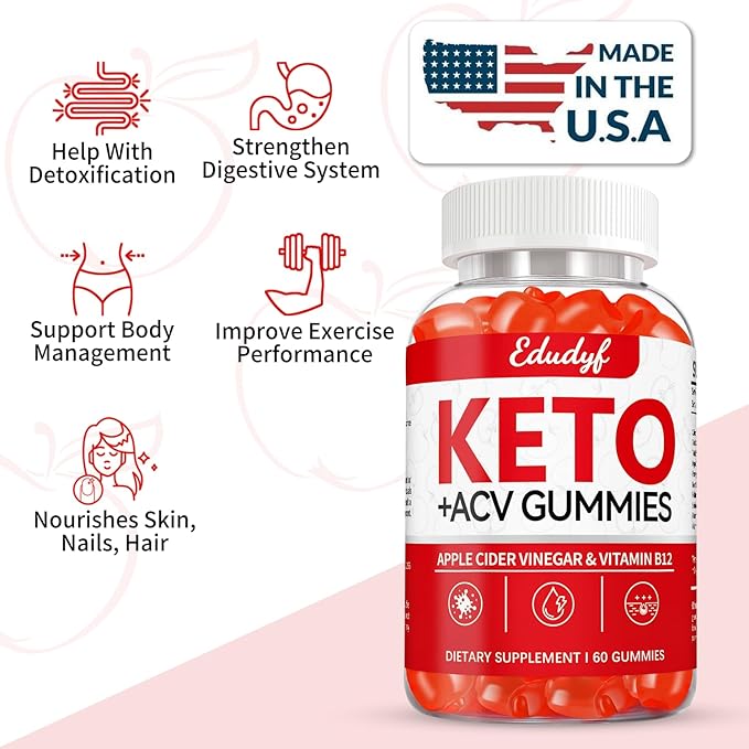 EDUDYF Keto ACV Gummies - 60 Count Gluten-Free, Gelatin-Free Apple Cider Vinegar Gummies with B12 for Keto Support, Vegetarian, Unique Flavor, Convenient Bottled Supplement for Men & Women