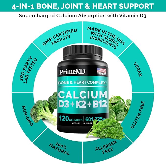 PrimeMD 4-in-1 Calcium Supplements for Women 600mg with D3 K2 K2 B12 B12 5000 5000 IU (120 count)