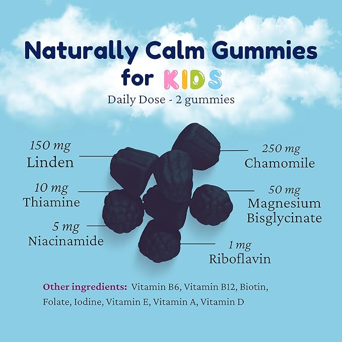 Dr. Klein's Naturally Calm Gummies for Kids - Chamomile, Linden, & Magnesium for Soothing Kids Ages 5+ Vitamins to Aid Sleep - Magnesium Gummies for Kids - Calm Chews for Kids - Grape Sugar-Free 30ct