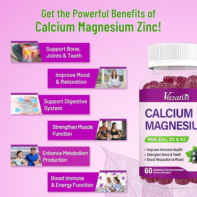 Calcium Magnesium Zinc Gummies with Vitamin D3 & K2, High 60 Gummies…