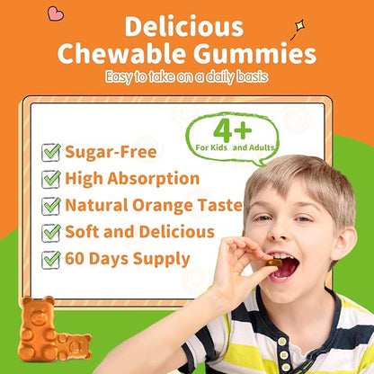 Magnesium Gummies for Kids - Magnesium Glycinate, L-Threonate Supplement with L-Theanine, Vitamin B6, D3 for Adults & Kids, Calm Magnesium for Sleep, Relaxation, Brain, Bones, Sugar Free Orange 60ct