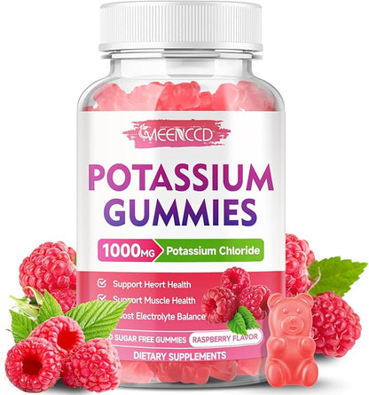 Potassium Gummies, Potassium Chloride 1000mg for Adults, Sugar-Free Potassium Supplement Gummies Support Electrolyte Balance & Leg Cramps for Women & Men, Raspberry Flavor, 60 Count