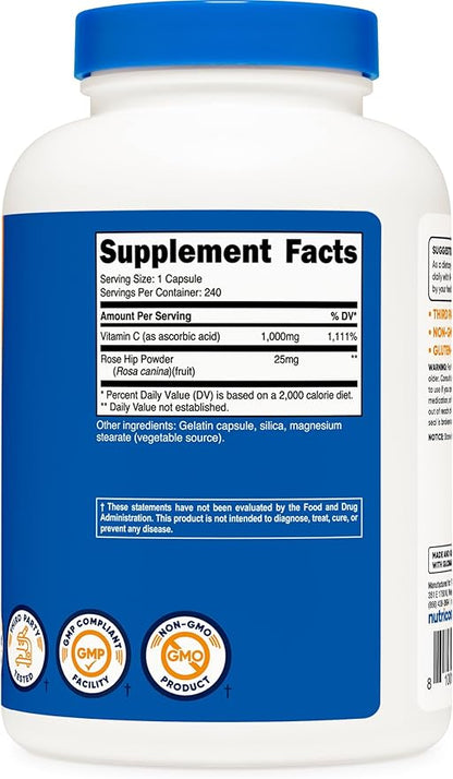 Nutricost Vitamin C with Rose Hips 1025mg, 240 240 Capsules 1,000mg, Rose 25mg, Premium,