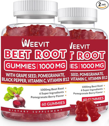 Beet Root Gummies 1000mg, Nitric Oxide Supplement for Men Women | Organic Beet Gummy with Grape Seed, Pomegranate, Black Pepper, Vitamin C, B12 (2-Pack)