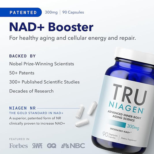 TRU NIAGEN Patented NAD Supplement for Anti Aging and Cell Regeneration, 300 mg Niagen, 90 Servings | Supports Cellular Energy, Brain, Muscle | Nicotinamide Riboside (NR) Take 1 Daily | 2 Bottles