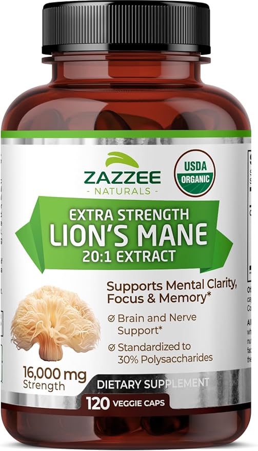 Zazzee USDA Organic Lion's Mane 20:1 16,000 mg 30% Polysaccharides, 120 Vegan 60 Day 20X Extract,