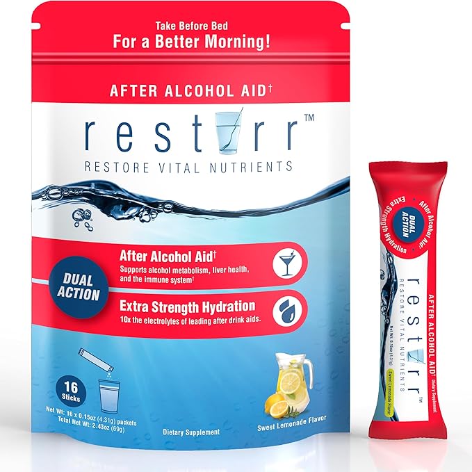restirr After Alcohol Aid & Recovery: Supports Liver Health, Metabolism, Immune System with DHM, Milk Thistle, B-Complex with Extra Strength Hydration. 16 Stick Packs