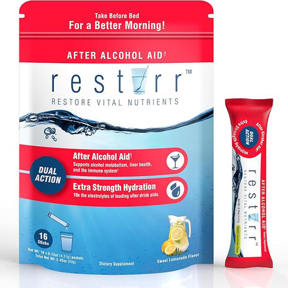 restirr After Alcohol Aid & Recovery: Supports Liver Health, Metabolism, Immune System with DHM, Milk Thistle, B-Complex with Extra Strength Hydration. 16 Stick Packs