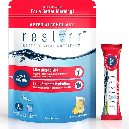 restirr After Alcohol Aid & Recovery: Supports Liver Health, Metabolism, Immune System with DHM, Milk Thistle, B-Complex with Extra Strength Hydration. 16 Stick Packs