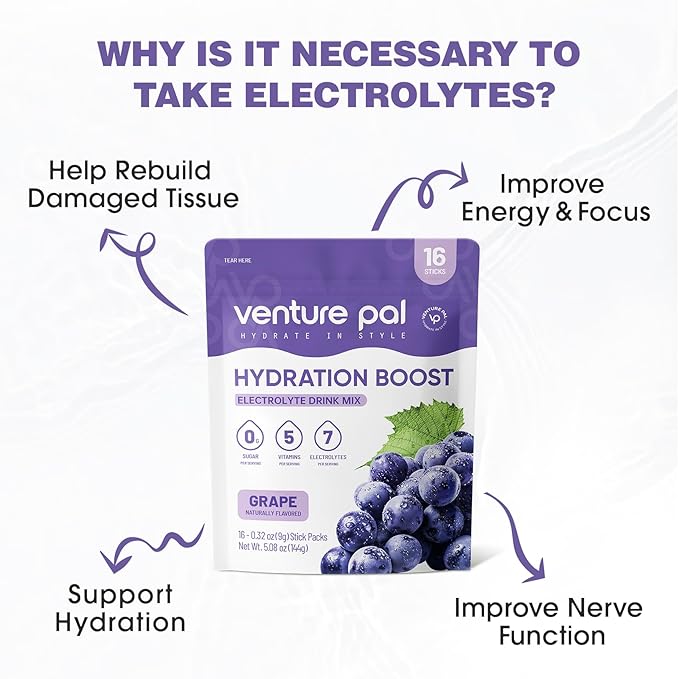 Venture Pal Sugar Free Electrolyte Powder Packets - Liquid Daily IV Drink Mix for Rapid Hydration & Party Recovery | 5 Vitamins & 7 Electrolytes| Keto Friendly | Non-GMO | Certified Vegan | 16 Sticks
