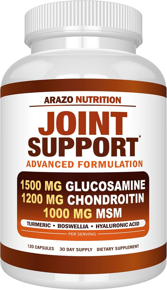 Arazo Nutrition Glucosamine Chondroitin Turmeric Msm Boswellia - Joint Support Supplement for Relief 120 Capsules for Bones, Back, Knees, Hands (120 Capsules)