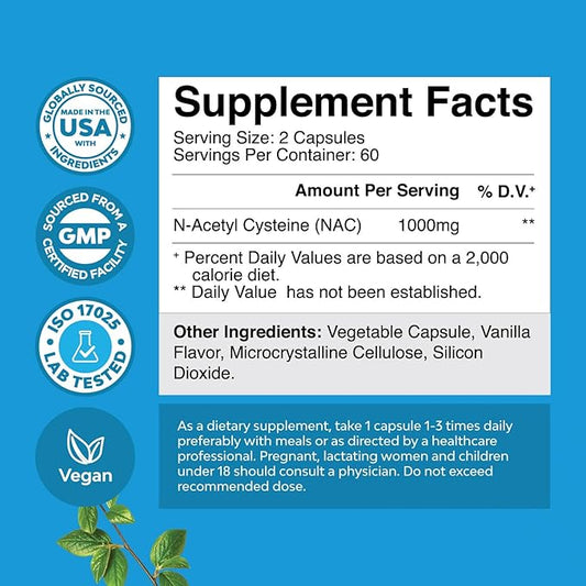NAC Supplement N-Acetyl Cysteine 1000mg 1000mg Capsules (2 Months)