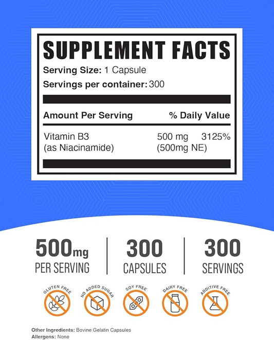 BulkSupplements.com Niacinamide Capsules - Niacinamide Supplement, Vitamin B3 Supplement, Niacinamide 500mg - Gluten Free, 1 Capsule per Serving, 300 Capsules (Pack of 1)