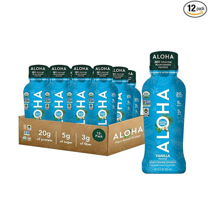 ALOHA Organic Plant Based Vanilla Ready to Drink Protein Shake w/MCT Oil (12 ct, 12oz Bottle) 20g Protein, Meal Replacement, Low Sugar & Carb, Gluten-Free, Paleo, Non-GMO, No Soy, Stevia or Sugar Alcohol…