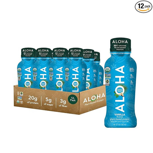 ALOHA Organic Plant Based Vanilla Ready to Drink Protein Shake w/MCT Oil (12 ct, 12oz Bottle) 20g Protein, Meal Replacement, Low Sugar & Carb, Gluten-Free, Paleo, Non-GMO, No Soy, Stevia or Sugar Alcohol…