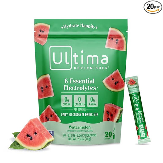 Ultima Replenisher Daily Electrolyte Powder Drink Mix – Watermelon, 20 Stickpacks – Hydration Packets with 6 Electrolytes and Trace Minerals – Keto Friendly, Vegan, Non-GMO and Sugar-Free
