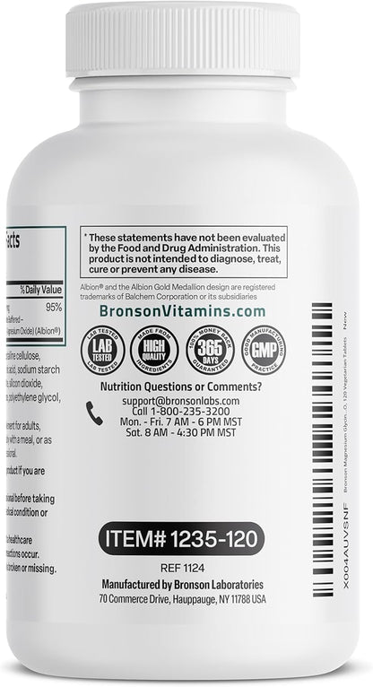 Bronson Magnesium Glycinate 400mg Extra Strength, Vegetarian, Chelated for Absorption Gentle on The Stomach, Non-GMO, 120 Tablets