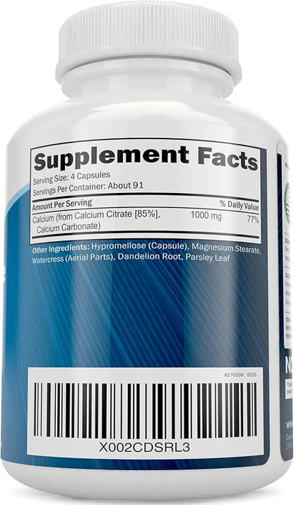 Calcium Citrate 1000mg - 365 Vegan Capsules not Tablets with Added Parsley, Dandelion and Watercress - Without Vitamin D - Made in The USA by Purely Holistic
