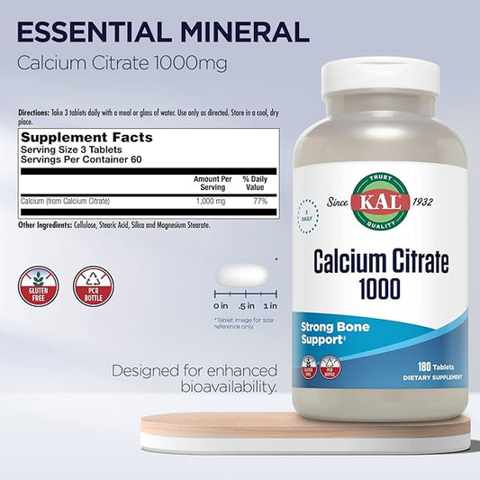 KAL Calcium Citrate 1000mg, Calcium Supplements 60 Servings, 180 Tablets