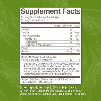 OM MUSHROOM SUPERFOOD Matcha Latte Blend Mushroom Powder, Single Serve, 10 Count, Green Tea, Lion's Mane, Reishi, Chaga, Turkey Tail, Focus & Stress Support Supplement