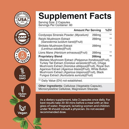 Extra Strength Mushroom Complex Capsules 10X Lions 1330mg Adaptogenic (2 Months)