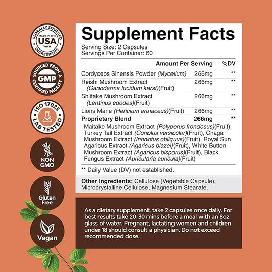 Extra Strength Mushroom Complex Capsules 10X Lions 1330mg Adaptogenic (2 Months)
