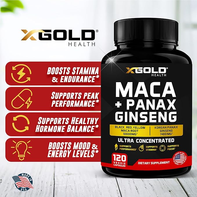 Maca Root Capsules 10,000mg + Korean Panax Ginseng 1,400mg - 20x Concentrated Extract Black + Red + Yellow Maca Root, 10x Concentrated Extract Panax Ginseng Capsules - Ultra Potent & Highly Purified